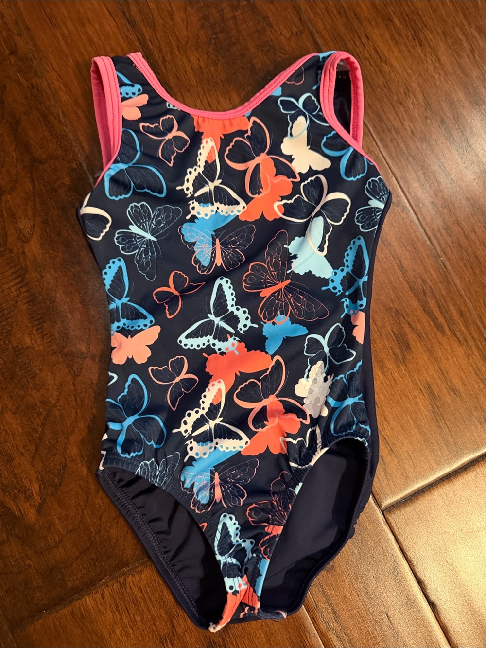 Girls Navy Butterfly Leotard with Pink Trim